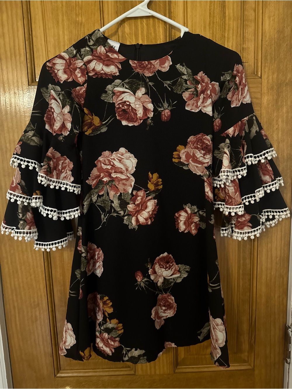 Floral Bell Sleeve Dress - Black with Rose Print